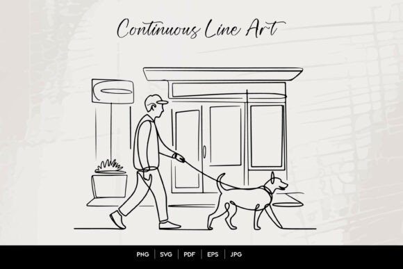 Man Walking Dog Line Art