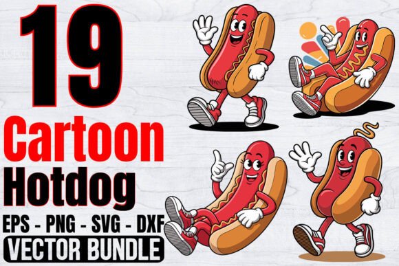 Walking Hot Dog Cartoon Mascot Bundle